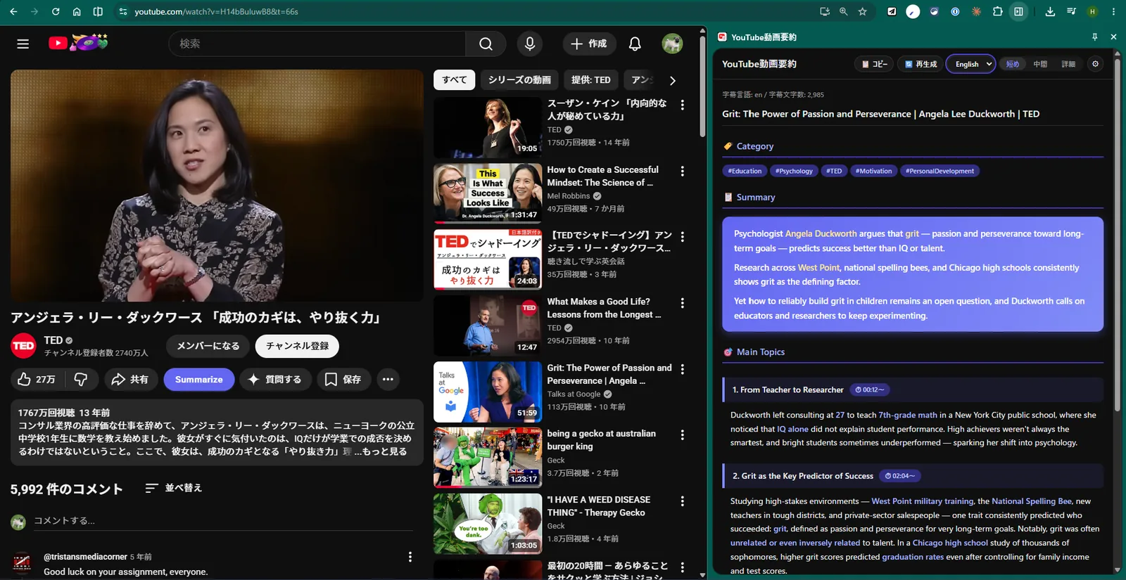 Chrome side panel showing an English AI-generated summary next to a YouTube video